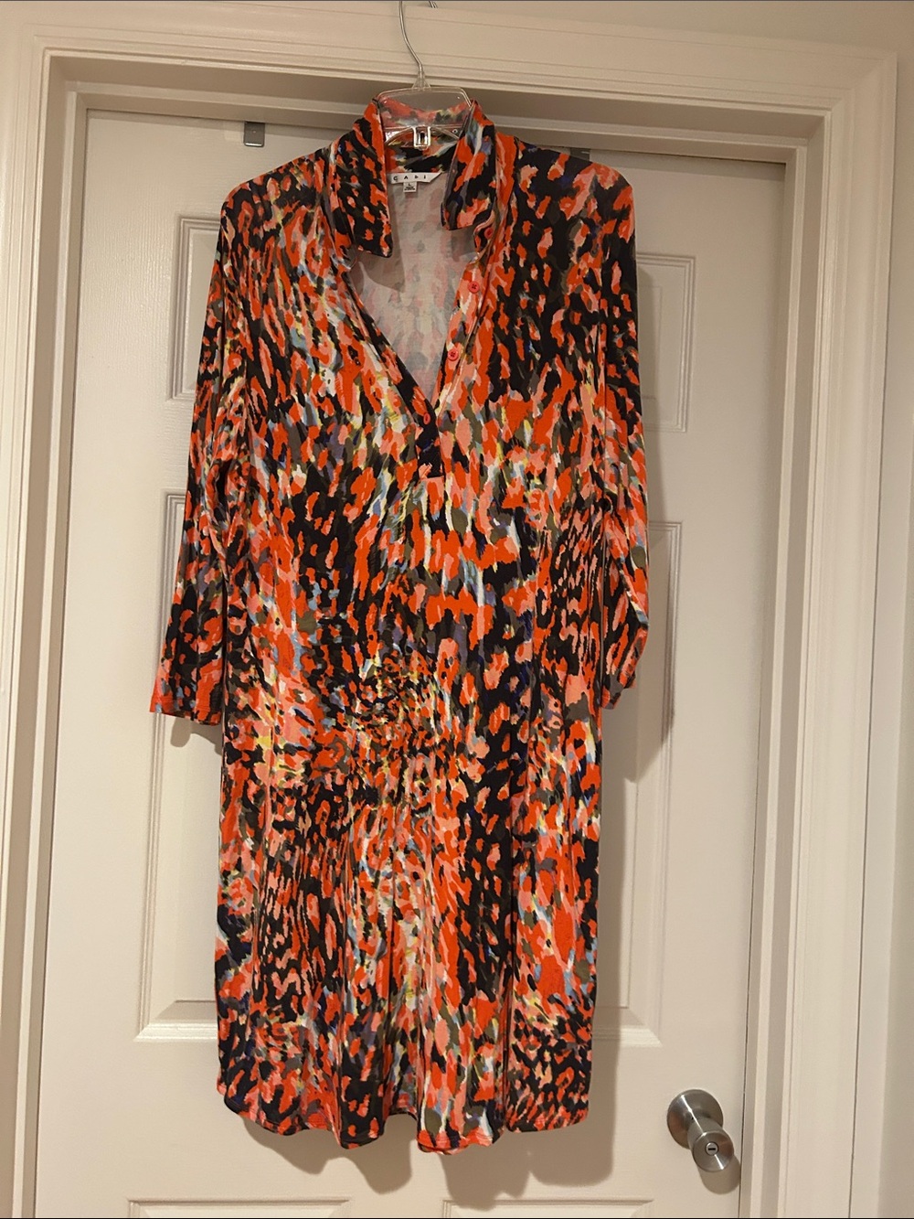 CAbi Orange and Black Abstract Print V-Neck Long Sleeve Dress